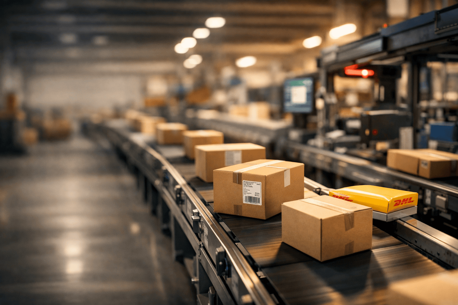 Business parcels moving through an express courier sorting hub